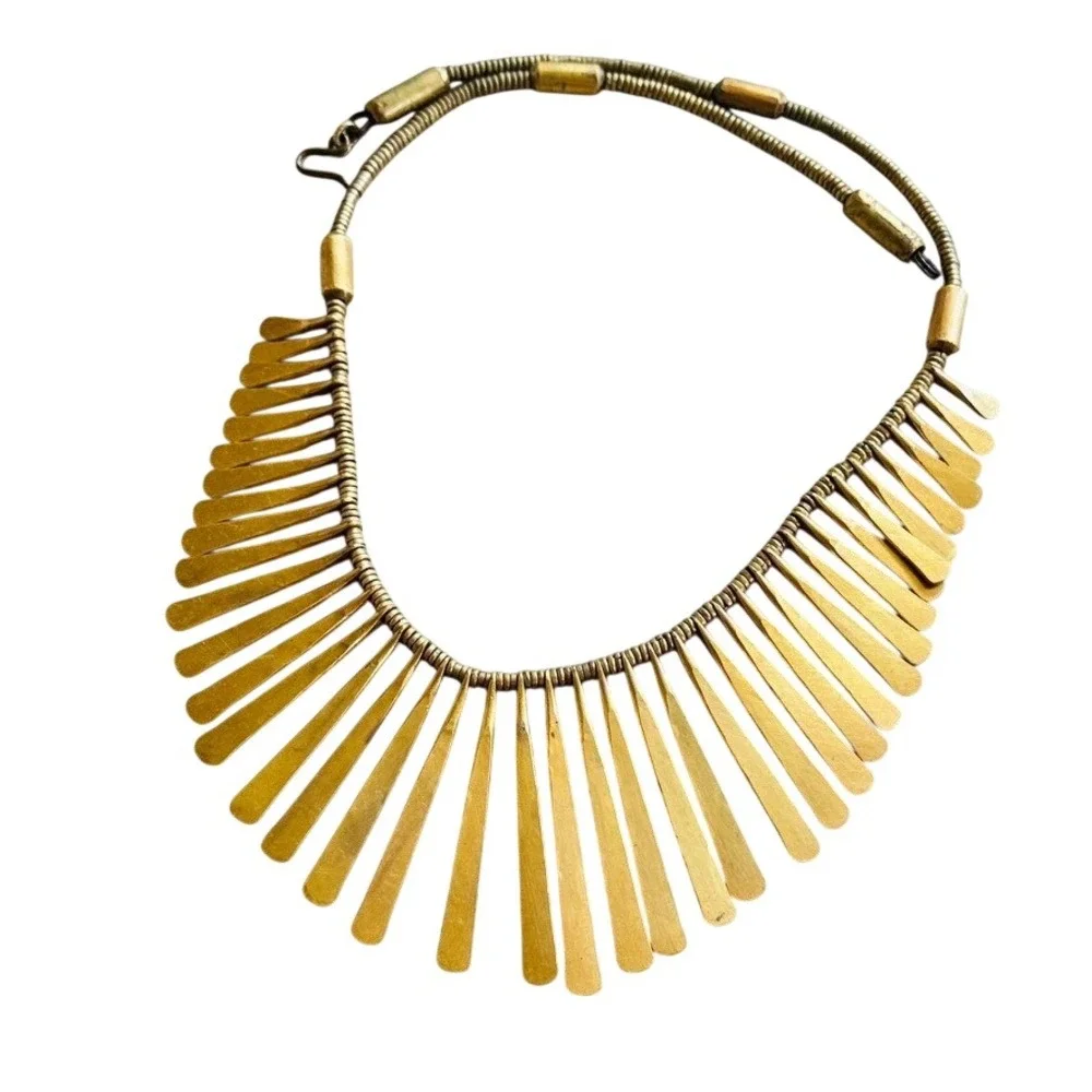 VTG‎ Regal Collar Textured necklace Egyptian Style Runway Statement Brass chunky